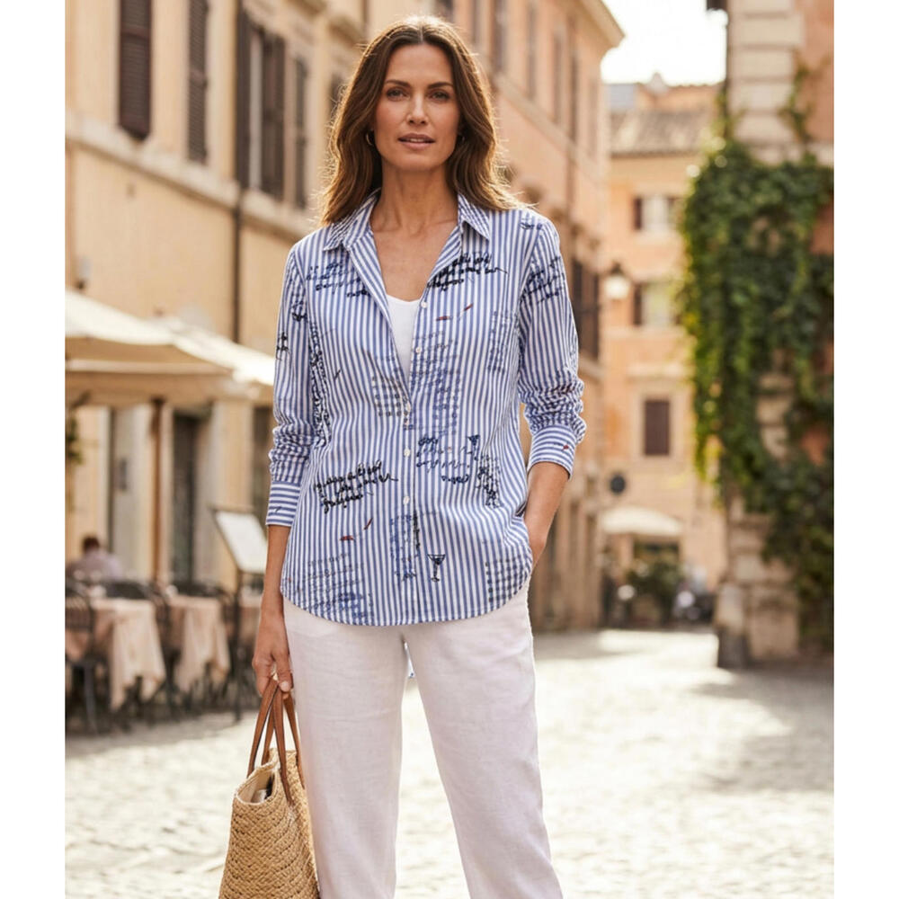 Chico's Size 0 US S Blue and White Striped Button-Up Blouse with Script Print